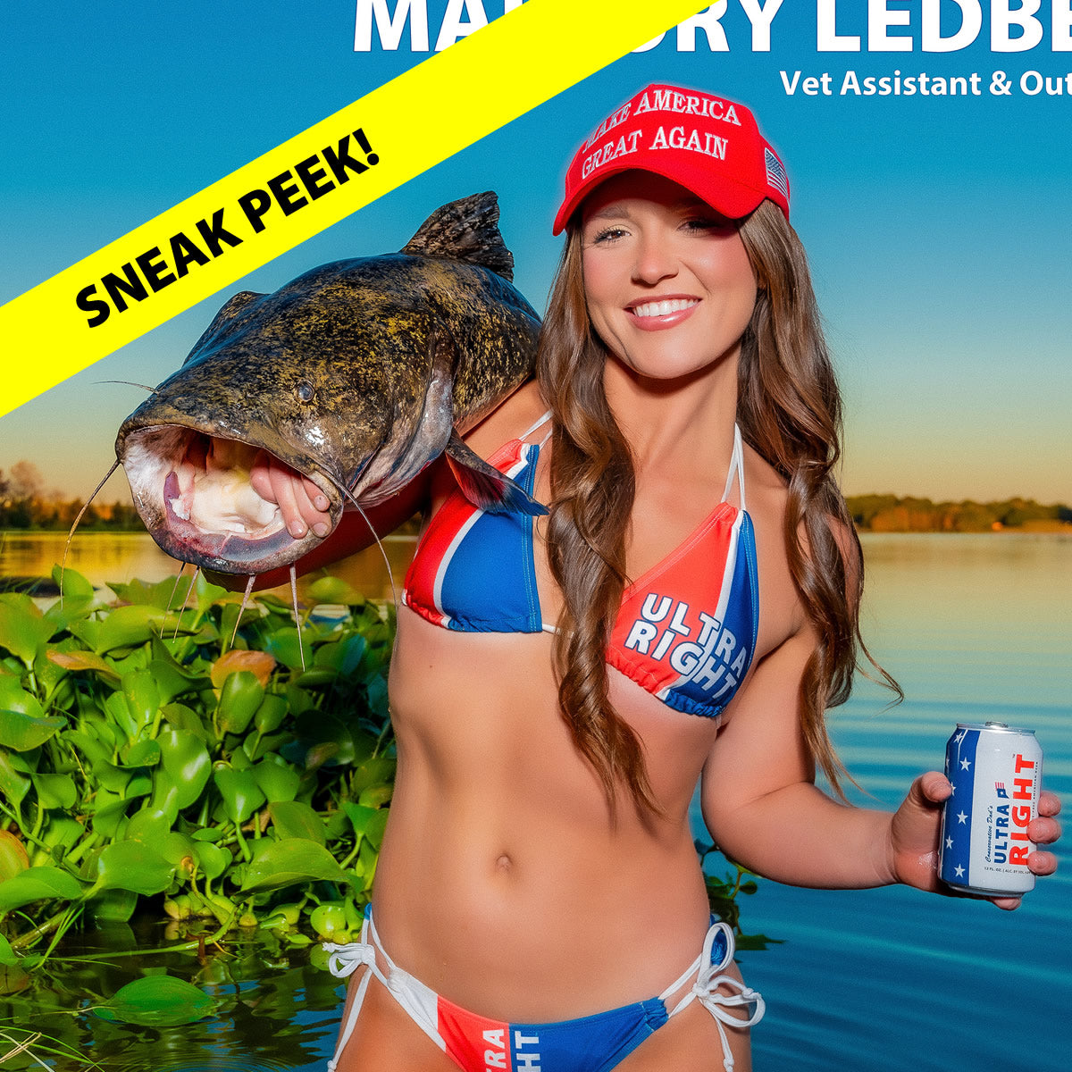 Mallory Ledbetter catfish noodling with an Ultra Right Beer in Conservative Dad's MAGA Babes Make America Hot & Healthy Again 2025 Calendar